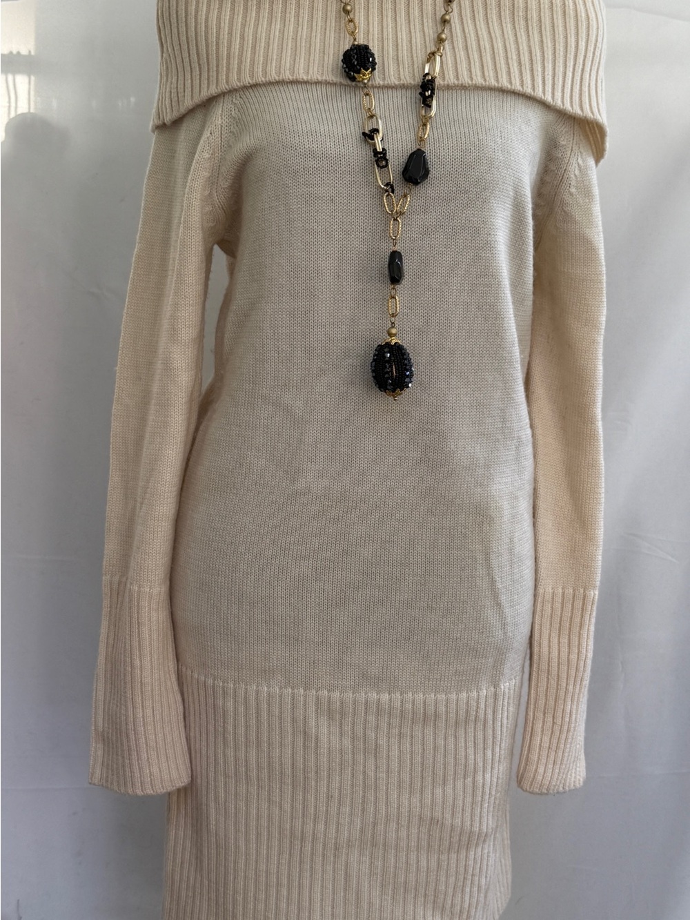 BCBGMaxAzria Cream Off-the-Shoulder Ribbed Sweater Dress